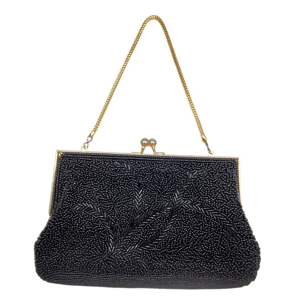 Vintage‎ Black Beaded Kiss Closure Chain Top Handle Evening Cocktail Handbag Bag